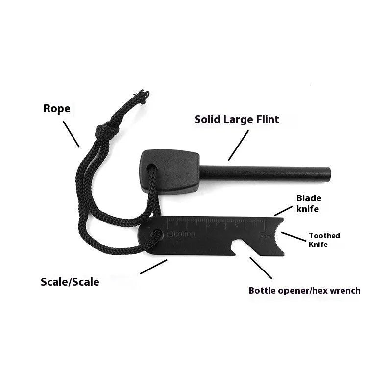 Black outdoor multifunctional flint with 13cm magnesium rod and stainless steel scraper survival tool