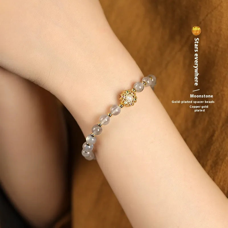 Hand-woven crystal bracelet with grey Moonstone, pink Sunstone and peach strawberry quartz 6mm beads