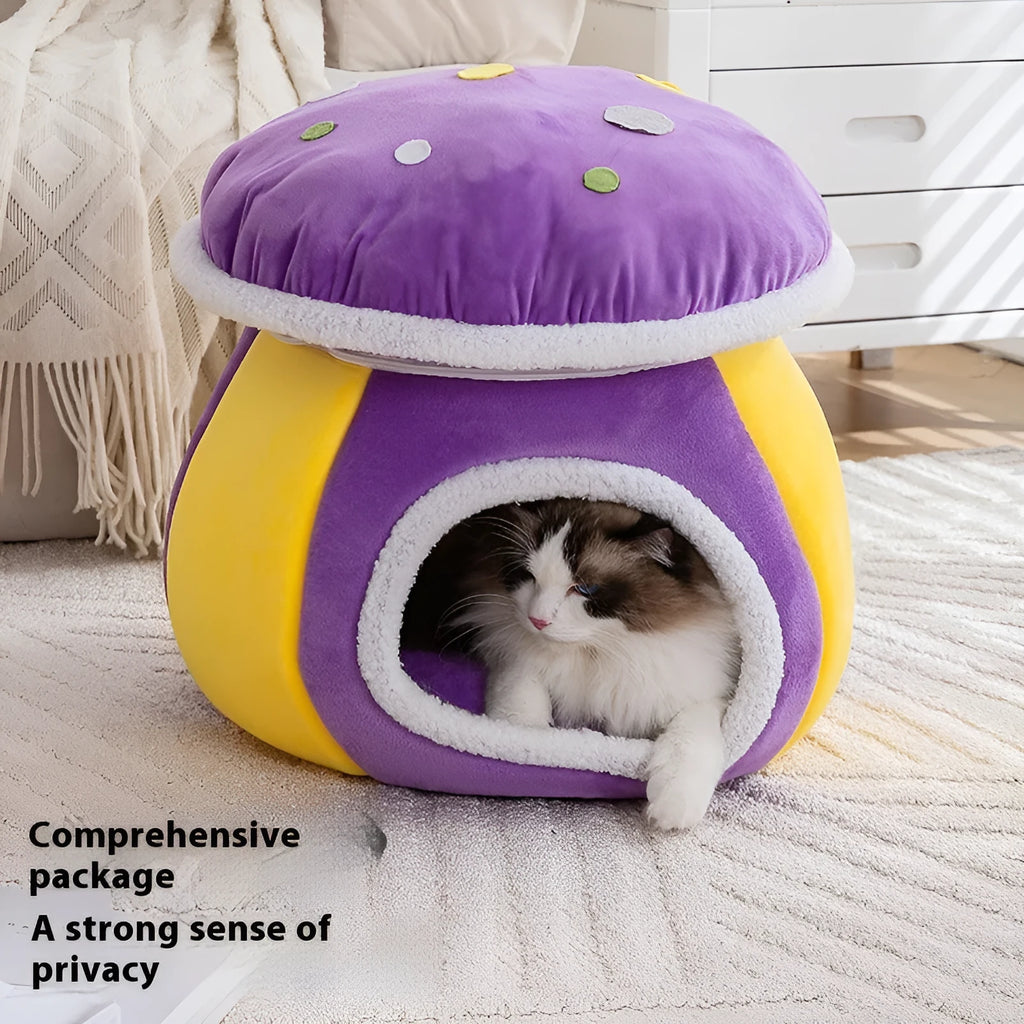 Grey plush mushroom-shaped cat bed with a detachable blanket inside a pet cage.