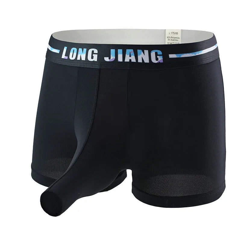 Men's solid colour trunk open boxers in ice silk knit fabric on a grey background.