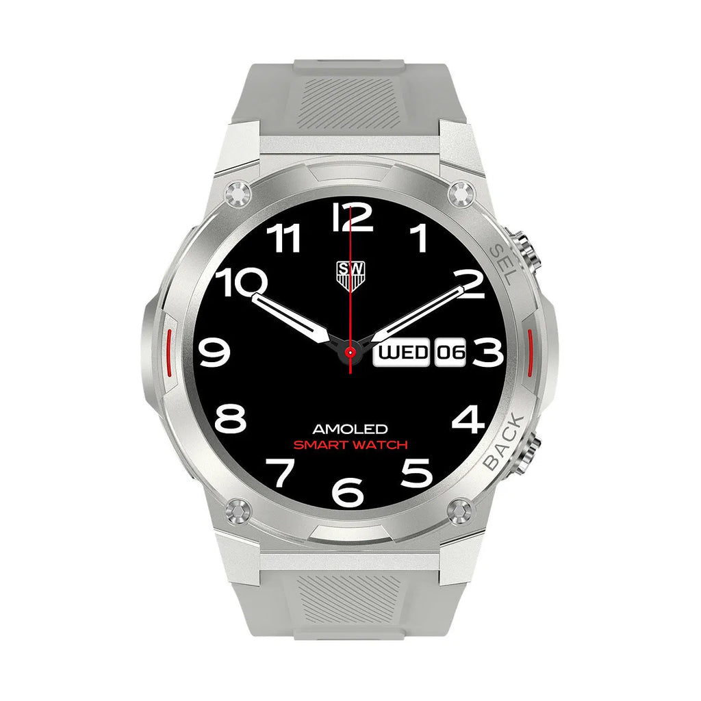 Anti-fall IP68 waterproof NFC smart watch with 143-inch AMOLED screen in black showing health metrics