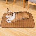 Natural brown woven rattan fibre cooling mat for dogs on a wooden floor