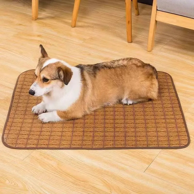 Natural brown woven rattan fibre cooling mat for dogs on a wooden floor
