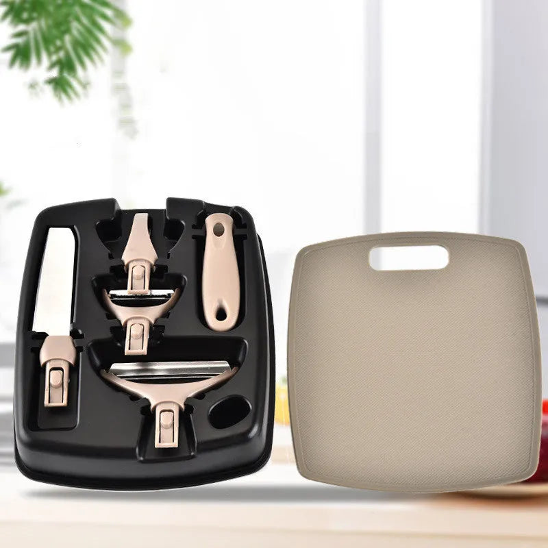 Brown eight-piece kitchen tool set with stainless steel cutter, peeler, fruit knife and wheat straw chopping board