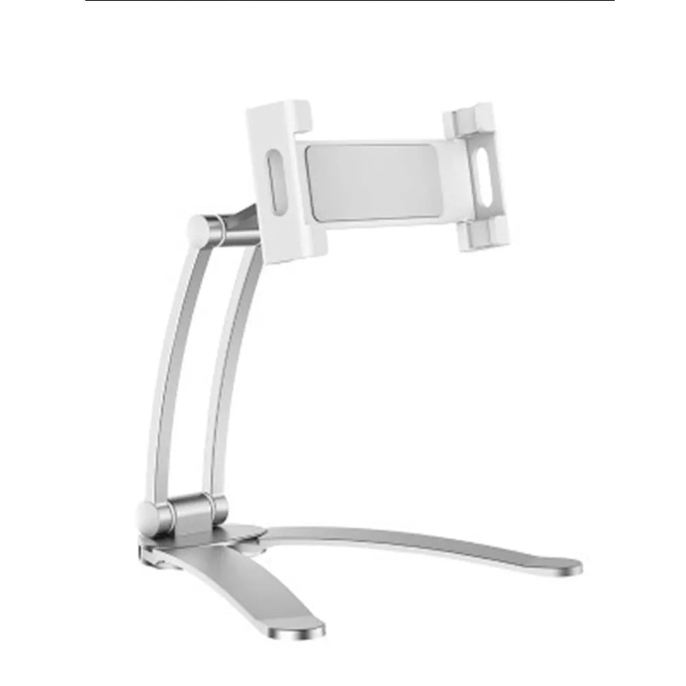 Silver aluminium alloy desktop tablet stand holding a tablet, showing 360-degree adjustable arm and mounting base.