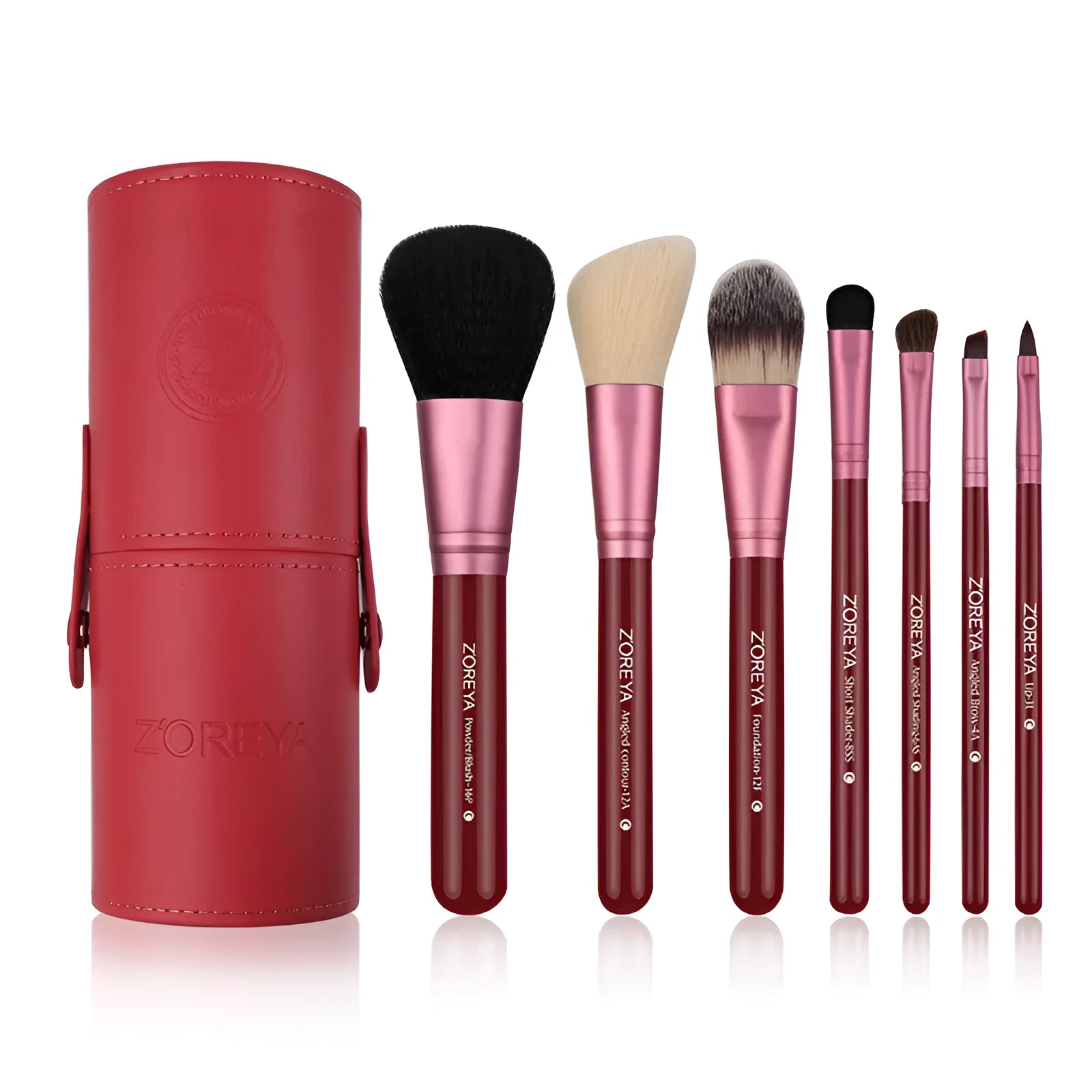 7-piece makeup brush set with synthetic and goat hair bristles and wood handles in green purple and red colours