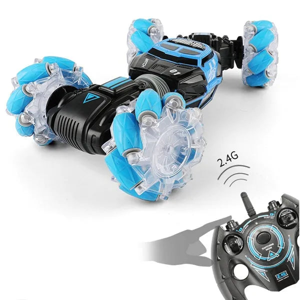 4WD RC stunt car in red with gesture remote control, morphing off-road design, plastic construction