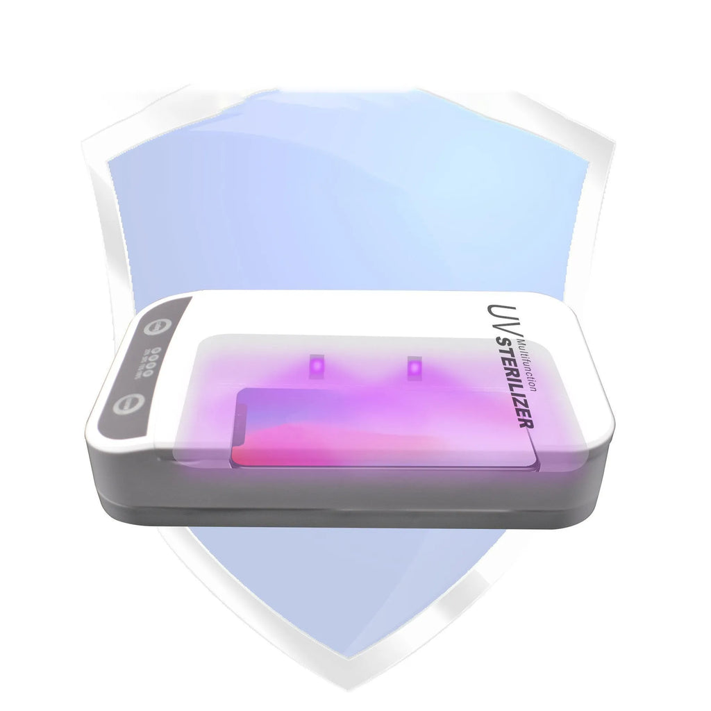 Black UV disinfection box with internal chamber for sanitising mobile phones and small items.