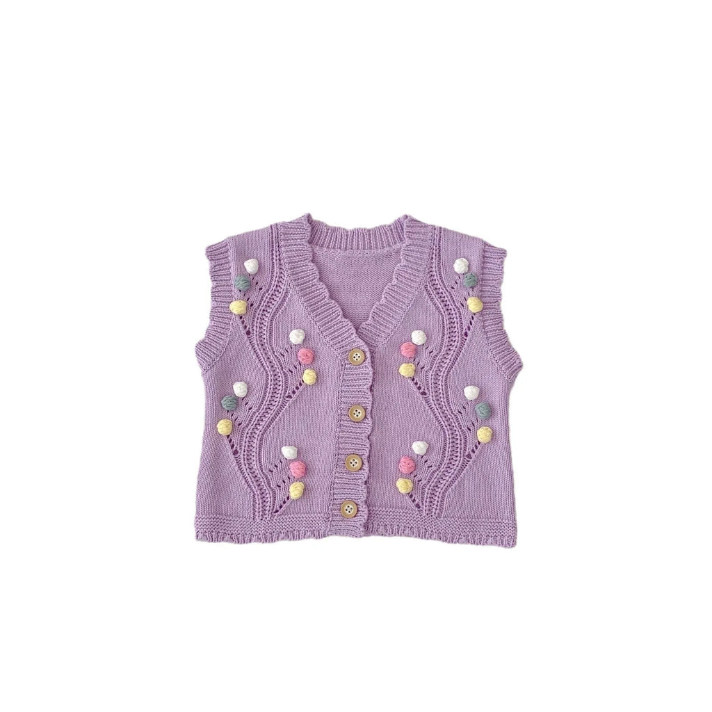 Cute purple dot children's knitted cotton vest sleeveless casual top for toddlers 73cm size