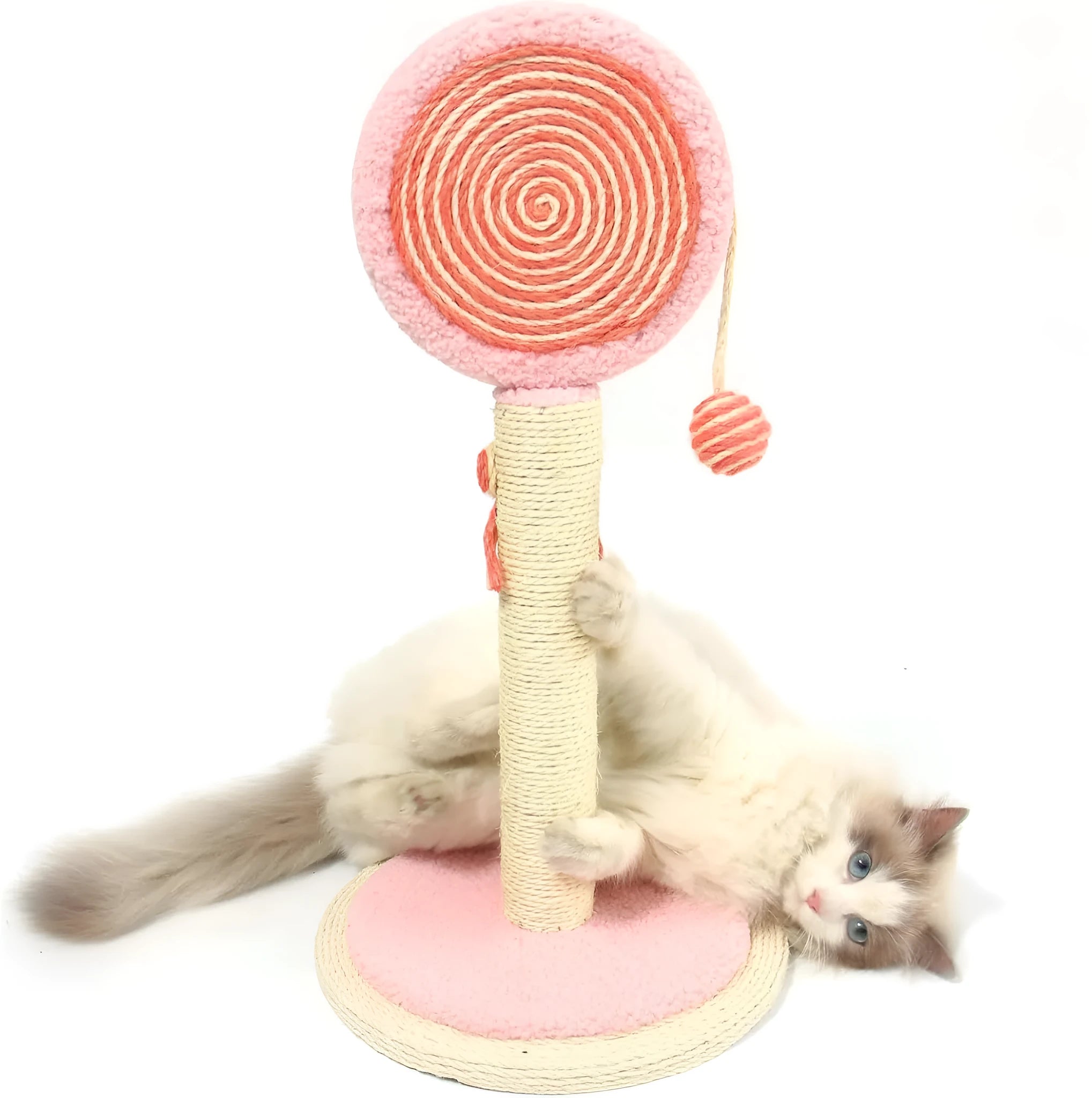 Blue cat scratching post with natural sisal rope and a hanging ball toy on a stable wooden base.