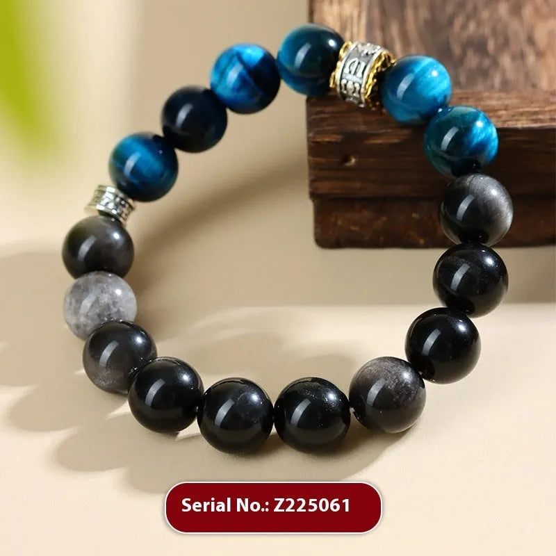 Handmade peacock blue Tigereye stone bracelet with geometric silver beads in ethnic style