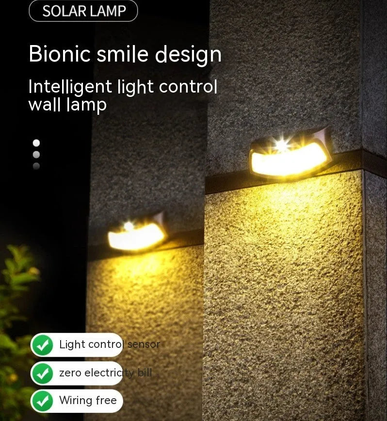 Solar outdoor retro smiling face wall lamp for garden lighting