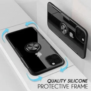 Black PU leather iPhone case with a built-in kickstand and car vent clip extended.