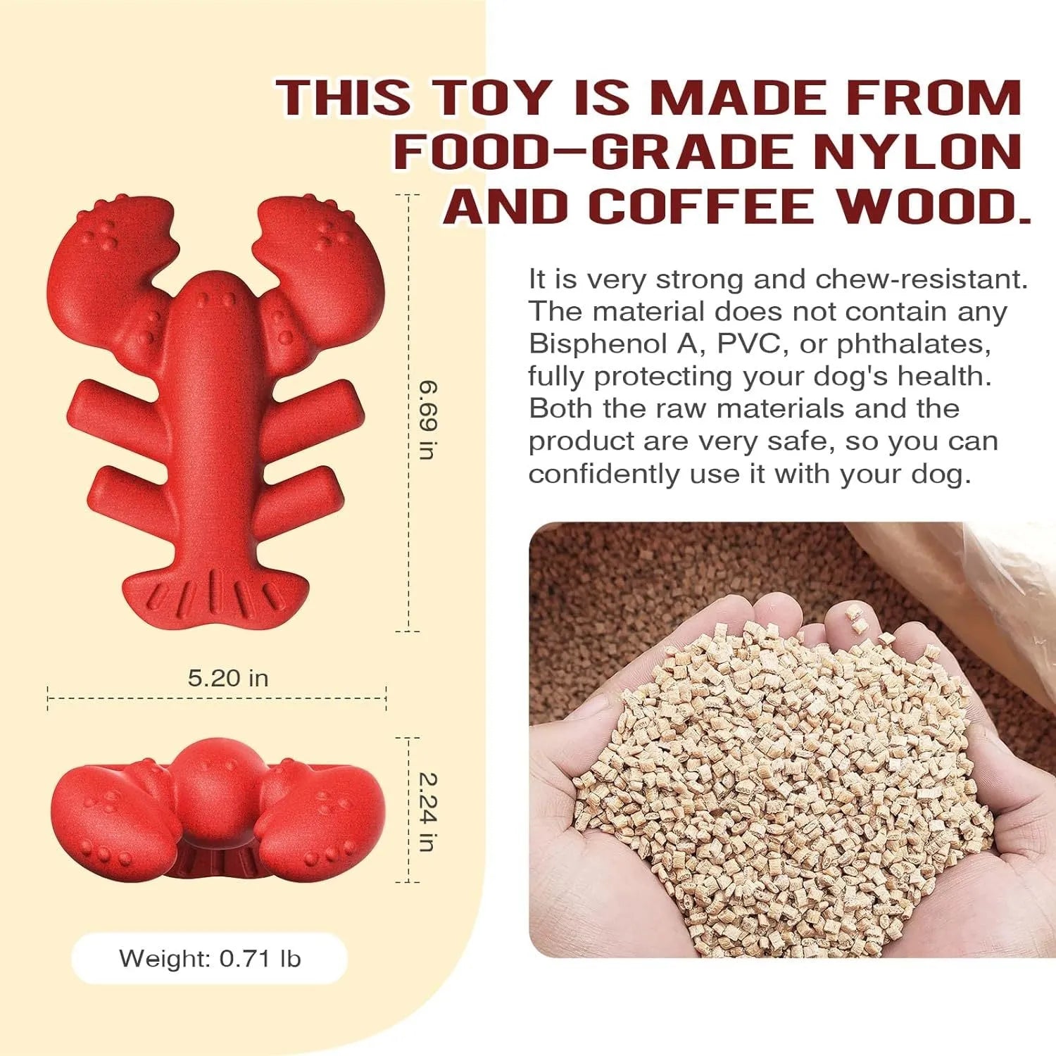Red hard-material dog chew toy for large aggressive chewers, shown with size scale.