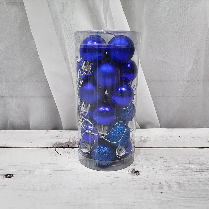 3cm shiny matte Christmas balls in multiple colours including gold, red, silver, blue displayed in box and barrel packaging