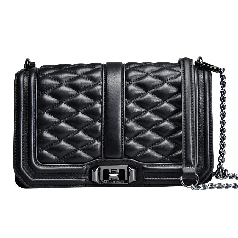 Women's shoulder chain bag in first layer cowhide with plaid pattern and chain strap, square shape
