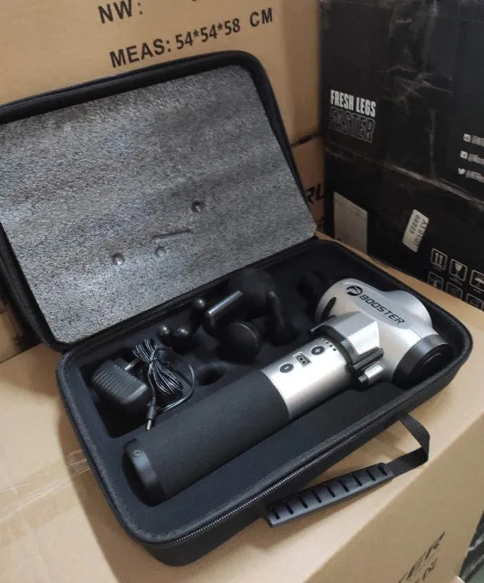 Black and white handheld muscle massager with adjustable speed control and lithium battery power