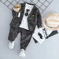 Boys' grey three-piece suit set with jacket, trousers, and waistcoat for formal occasions