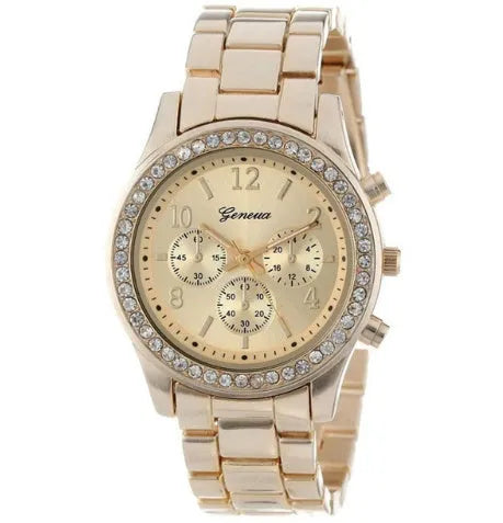 40mm round women's crystal quartz watch with metal alloy bracelet and reclining clasp