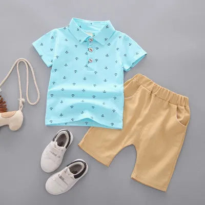 Anchor printed cotton children's trousers suit in Korean style with short sleeves