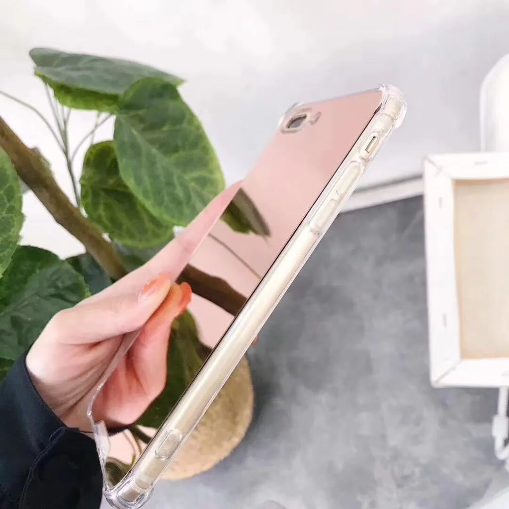 Mirror finish iPhone case in assorted colours showing reflective back and TPU soft edges.
