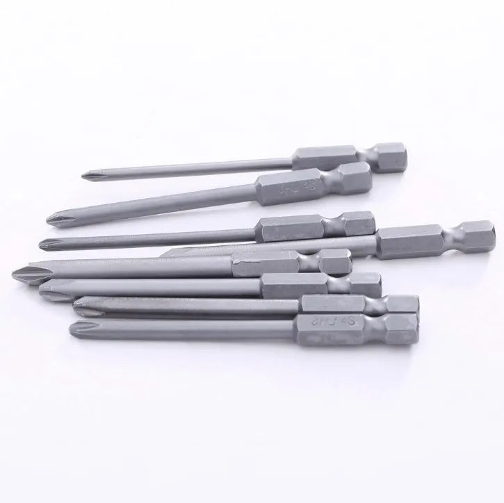 Eight 75mm magnetic Phillips screwdriver bits with hex shanks in various sizes