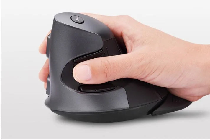 Black and white M618 wireless vertical ergonomic computer mouse on a desk.
