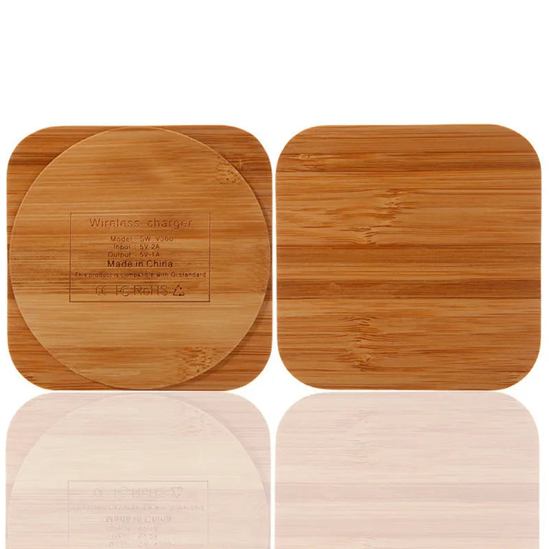 Square bamboo wood 5W wireless charging pad with brown finish and Qi certification