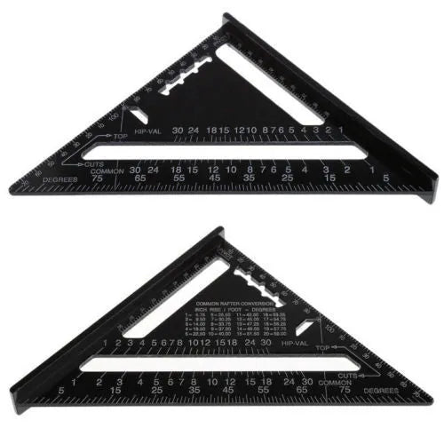 Black aluminium triangle ruler square showing 90 and 45 degree angles with measurement scales