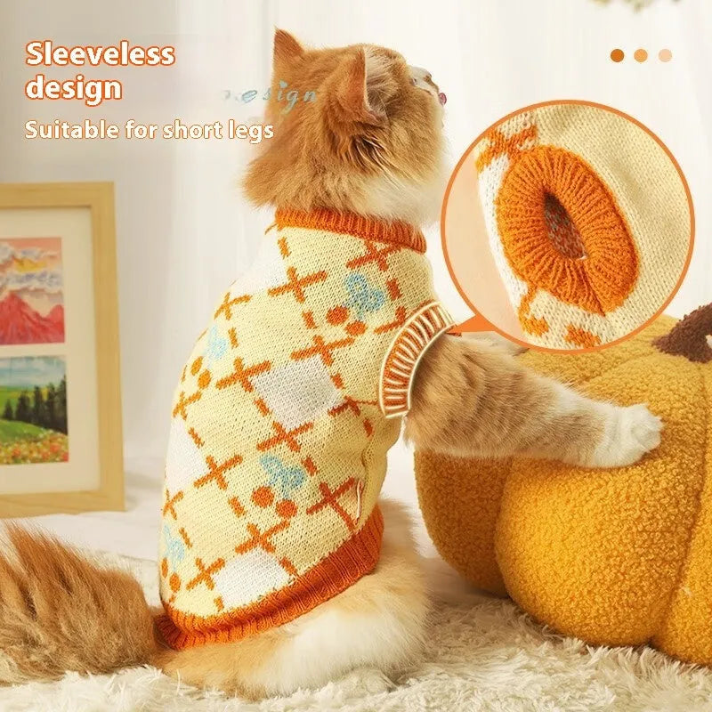 Orange cherry diamond pattern cat sweater for autumn winter warmth in S M L XL sizes