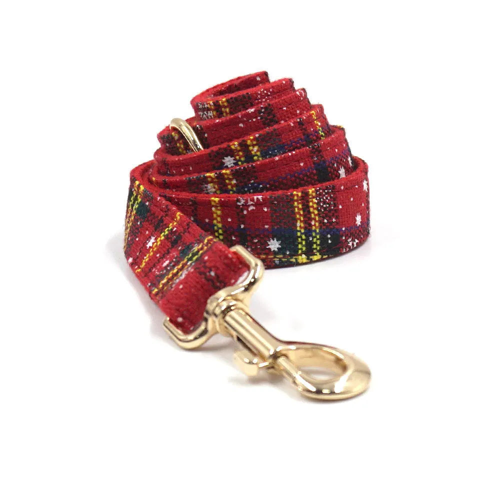 Red Christmas pet collar and harness set with matching leash, bow, and waste bag featuring laser-etched patterns