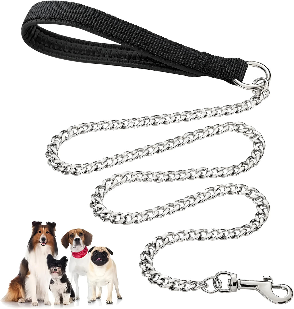 Heavy duty metal dog leash with soft black padded handle and silver chain, shown in red colour variant.