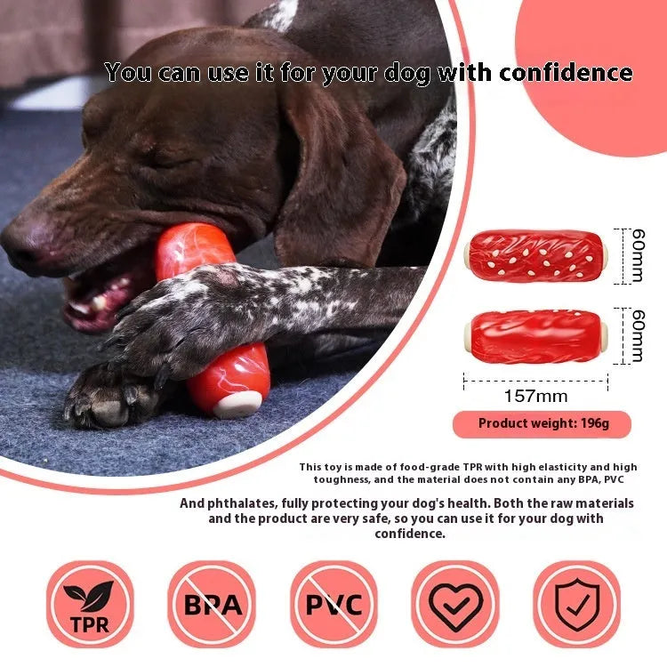Blue and red plastic dog toy with toothbrush and molar rod textures for chewing and dental care.