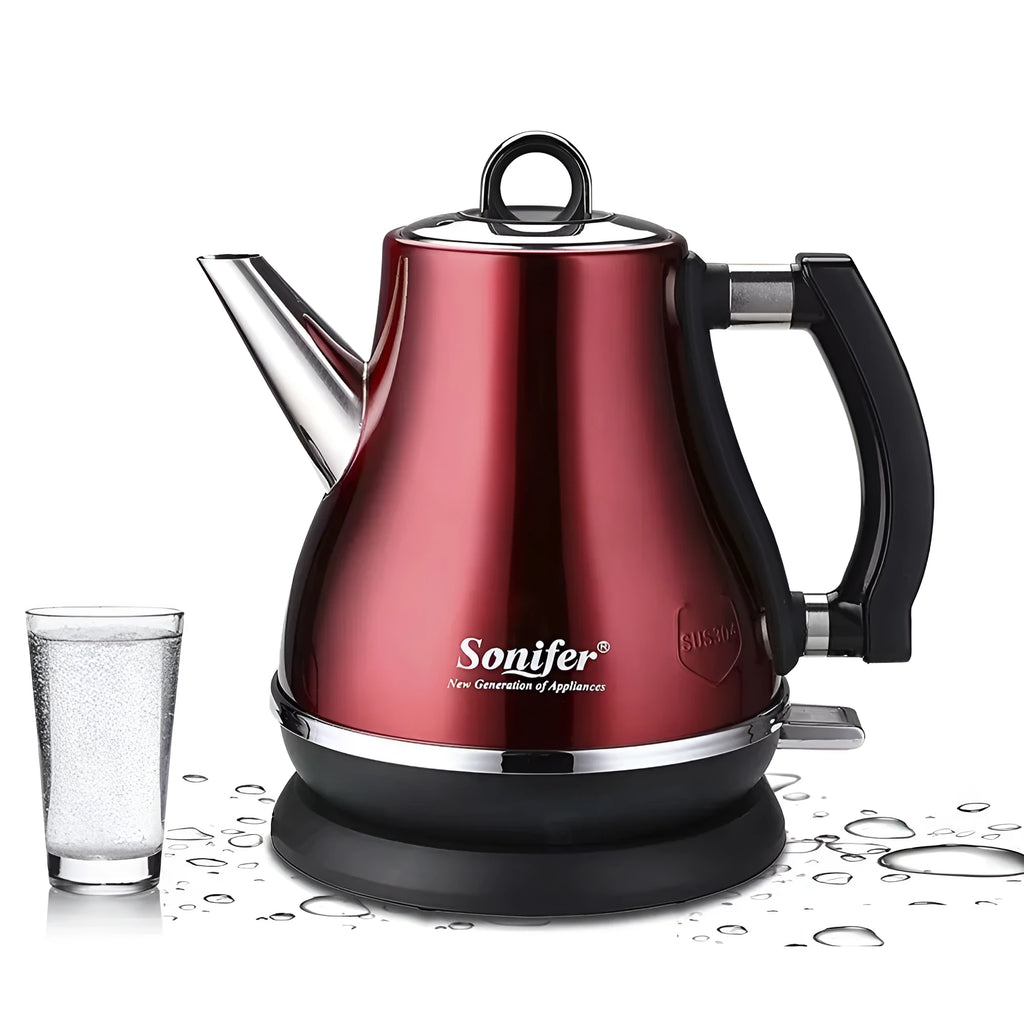 Son-Mother Pot set, a retro-style stainless steel teapot with 1.2L capacity shown in black, blue, and red colour options.
