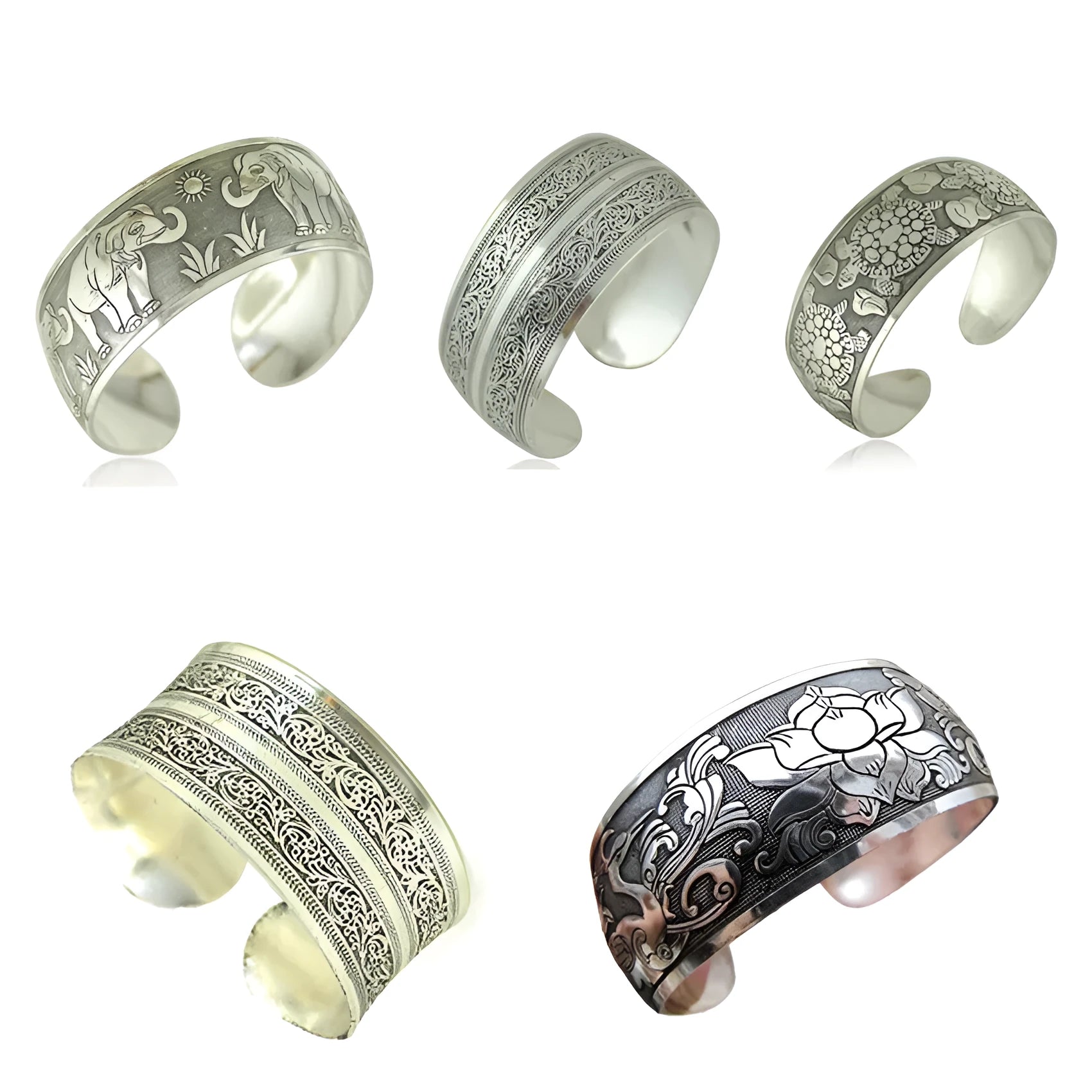 Open design Miao ethnic bracelet in silver alloy with carved turtle or elephant motif.