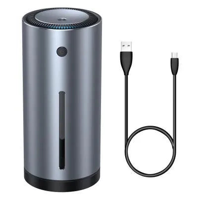 Black and dark grey aluminium alloy car diffuser humidifier with USB cable.