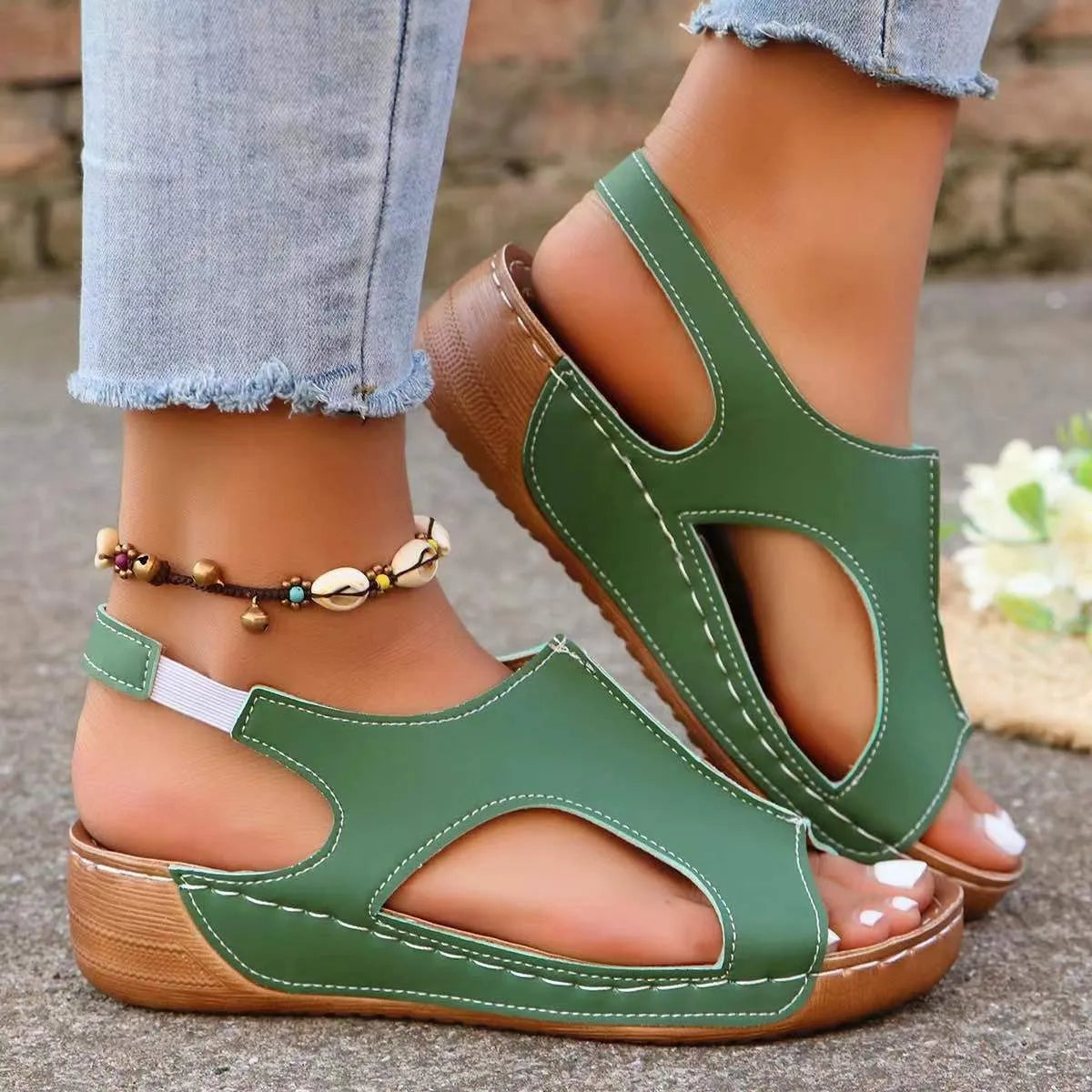 Women's recycled leather summer wedges sandals with elastic band and fish mouth toe in white