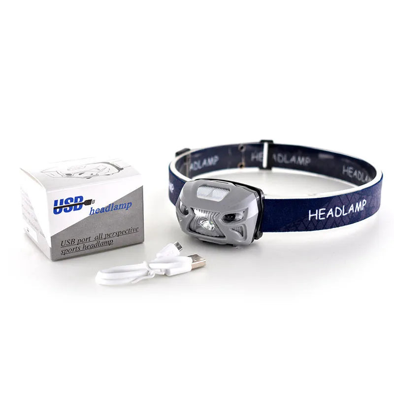Rechargeable LED head-mounted torch with webbing headband, shown in black.