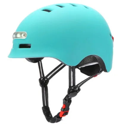 Black electric scooter helmet with front LED headlight and rear taillight, adjustable strap, on white background