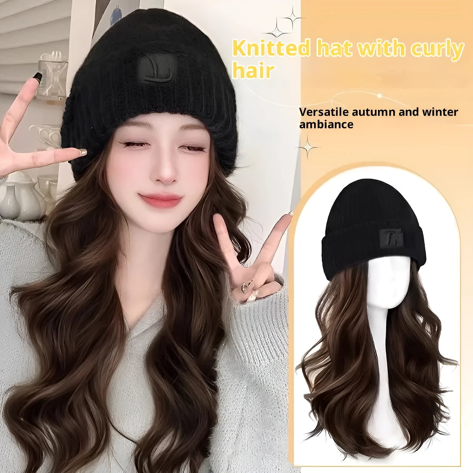 Hat wig for women with integrated cap, large head size, protein filament, big wave style, Brown Black and Cold Brown colours