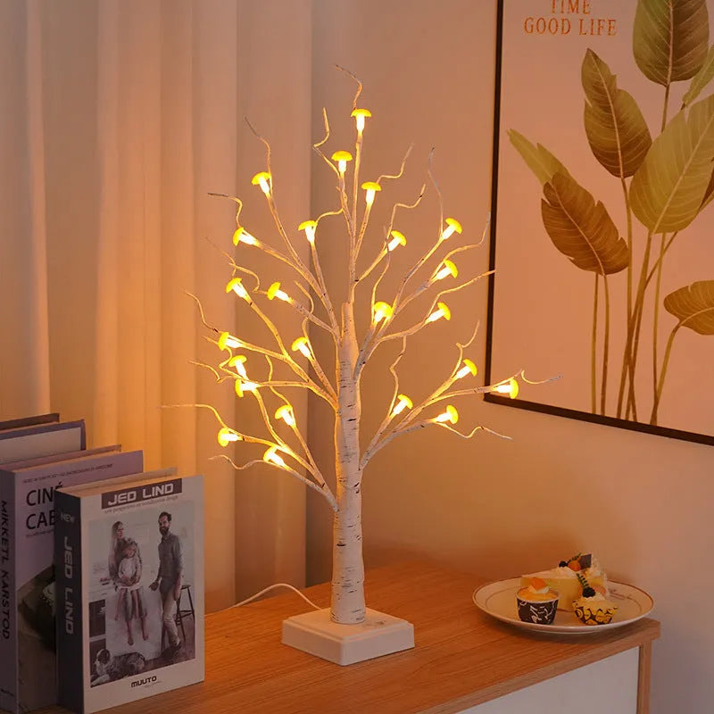 60 cm tall white Birch tree LED lamp with 24 small mushroom flower lights on plastic branches.