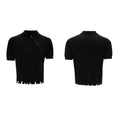 Men's slim-fit black knitted polo shirt with an oblique diagonal zip and short sleeves.