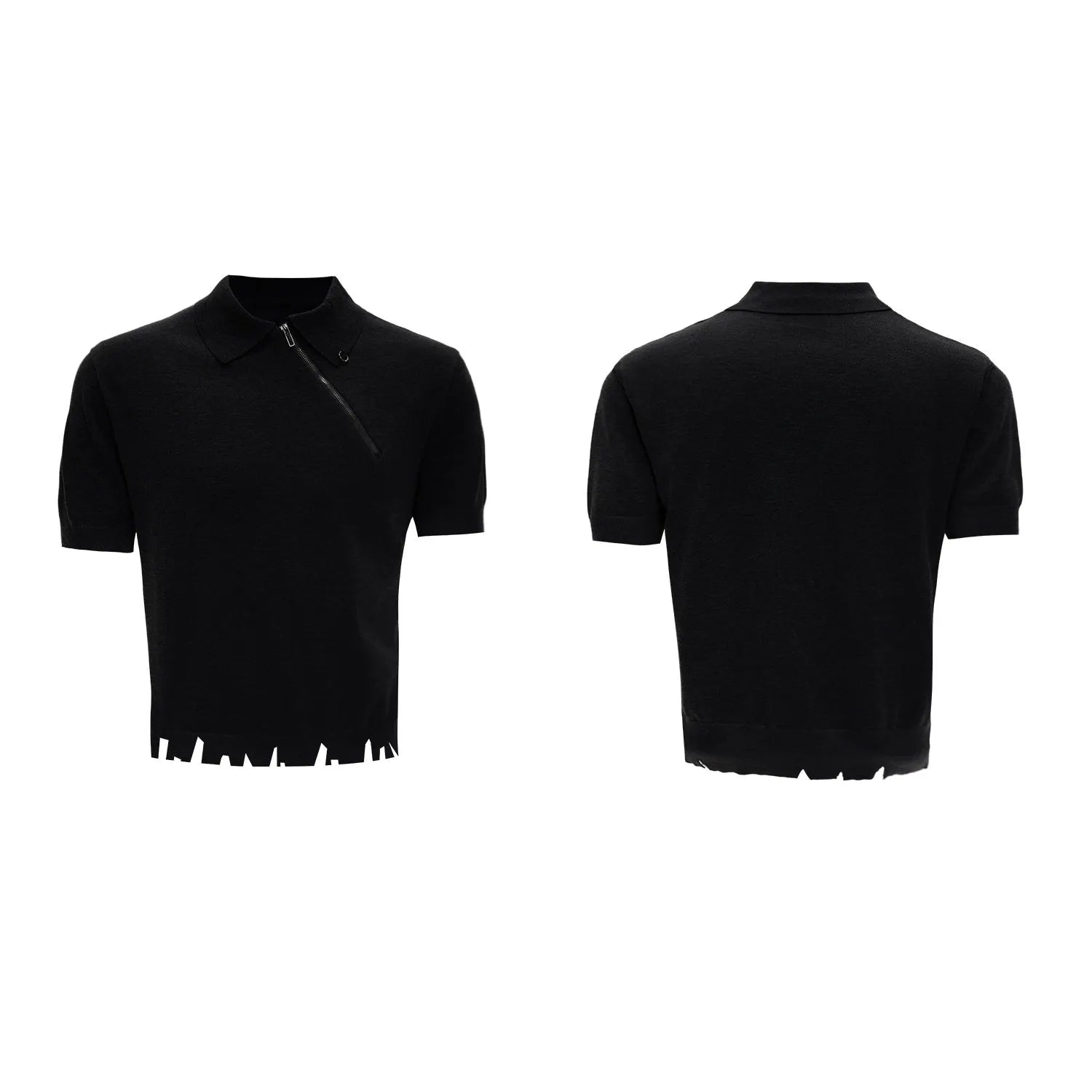 Men's slim-fit black knitted polo shirt with an oblique diagonal zip and short sleeves.