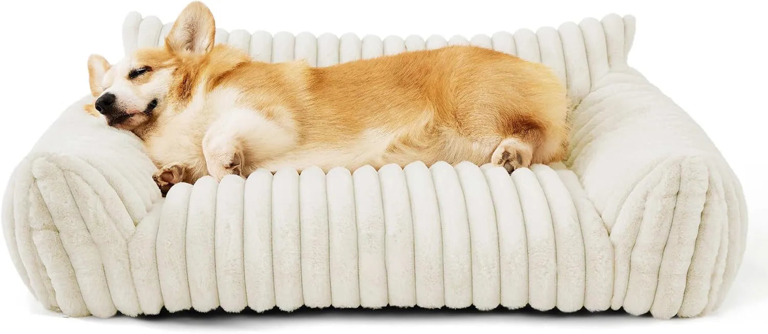 Supportive cat couch bed with three-sided design and soft corduroy fleece fabric in beige colour