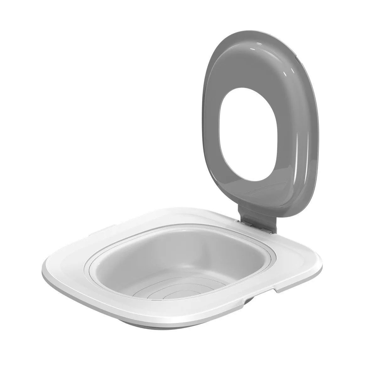 Fifth generation cat toilet trainer with integrated mat in ABS plastic available in grey, green and blue