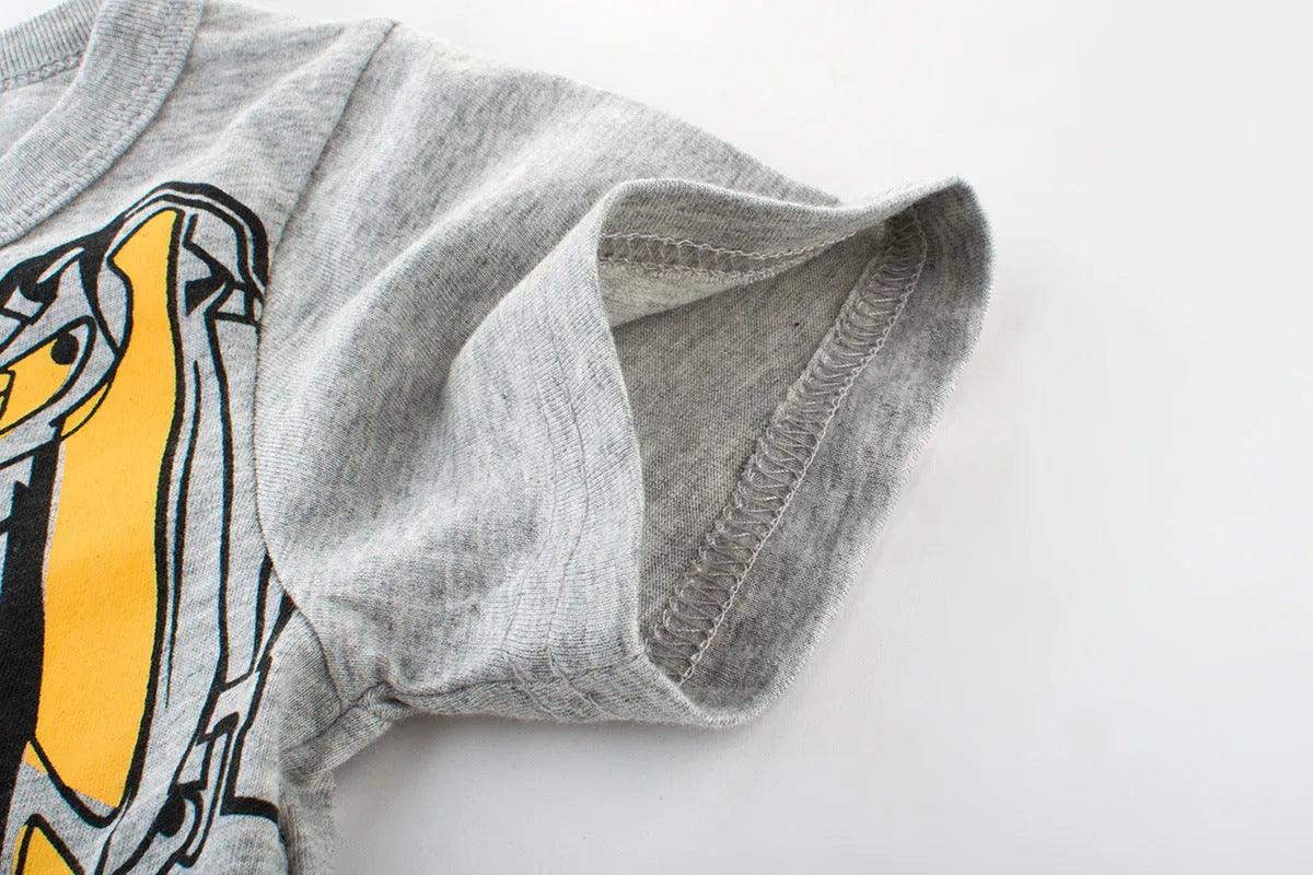 Children's light grey cartoon print cotton t-shirt with short sleeves and a round neck.