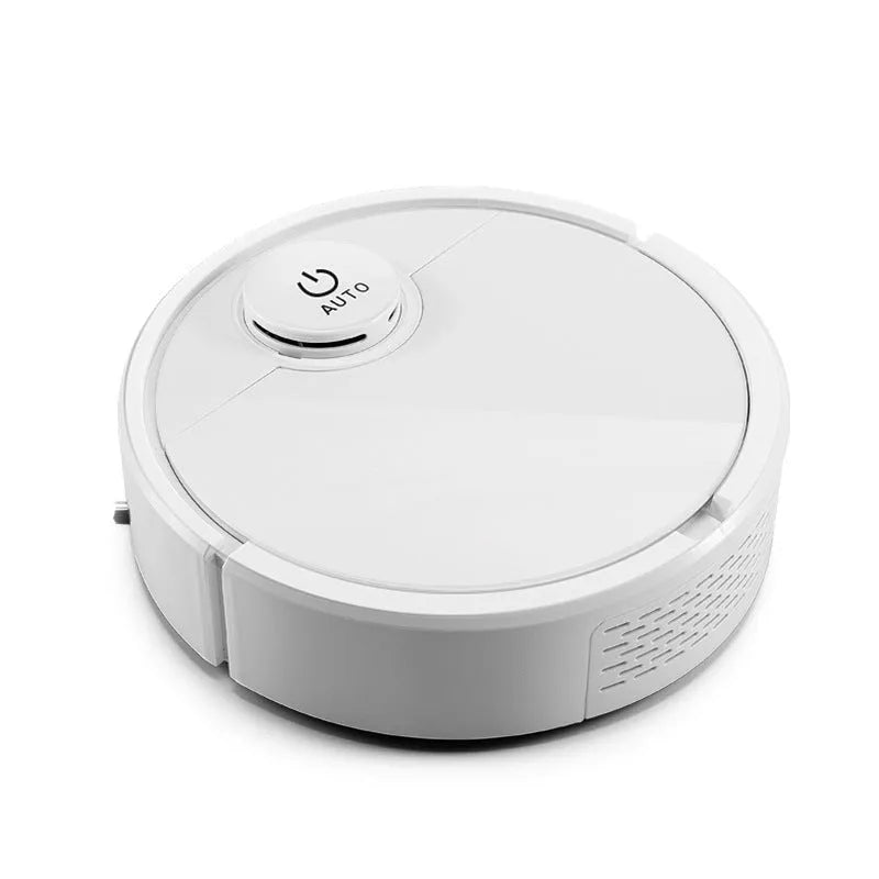 Automatic sweeping robot cleaner on a wooden floor, showing its square design and low profile.