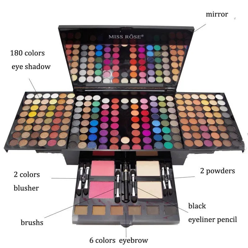 Piano-shaped makeup palette open to show 190 eyeshadow, blush, powder and contour pans