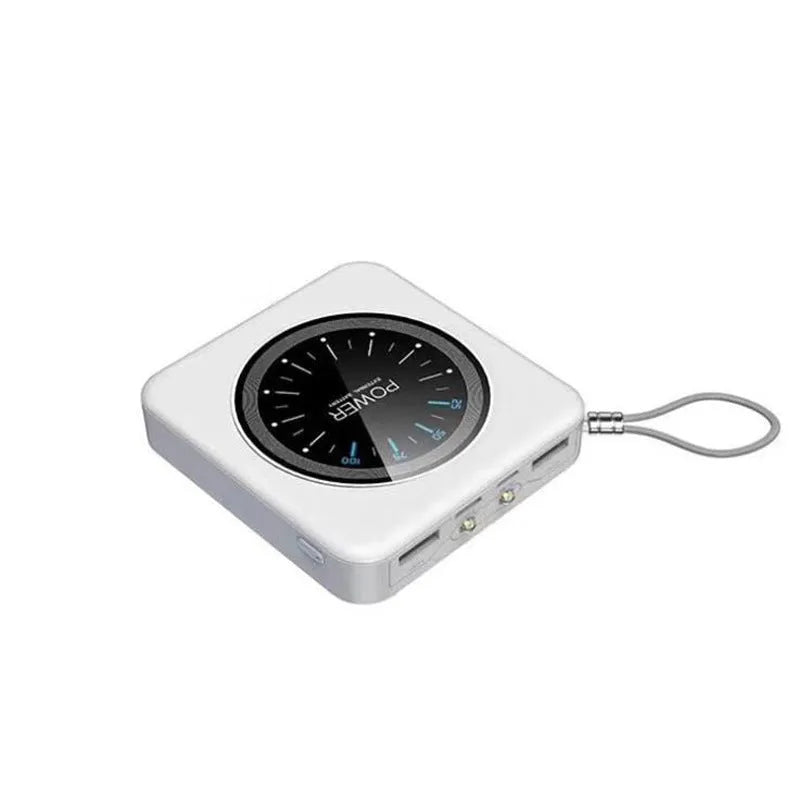 Compact alloy-cased portable power bank in mint green, showing multiple USB output ports.