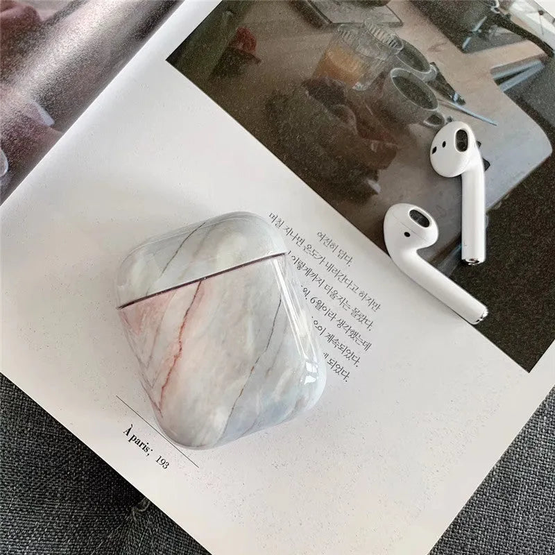 White marble effect hard PC protective case for Apple AirPods 1 and 2 charging box